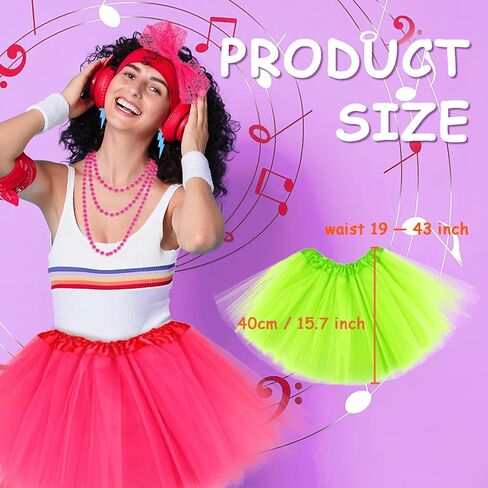 24Pcs 80s Neon Workout Costume Accessories Set Tutu Skirts 90s Headband 1980s Earrings for Women Necklace Silicone Bracelet Scrunchies Neon Outfit 80s Party in Kuwait