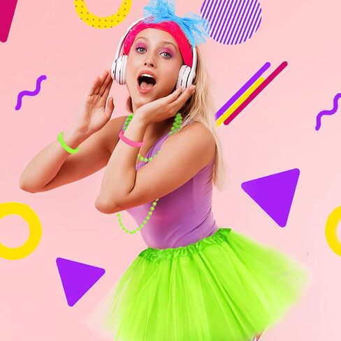 24Pcs 80s Neon Workout Costume Accessories Set Tutu Skirts 90s Headband 1980s Earrings for Women Necklace Silicone Bracelet Scrunchies Neon Outfit 80s Party in Kuwait