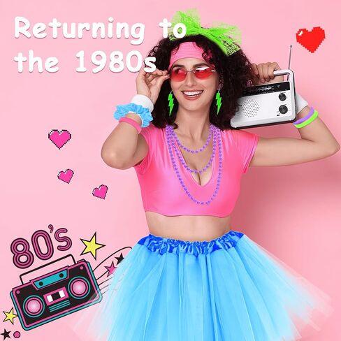 24Pcs 80s Neon Workout Costume Accessories Set Tutu Skirts 90s Headband 1980s Earrings for Women Necklace Silicone Bracelet Scrunchies Neon Outfit 80s Party in Kuwait