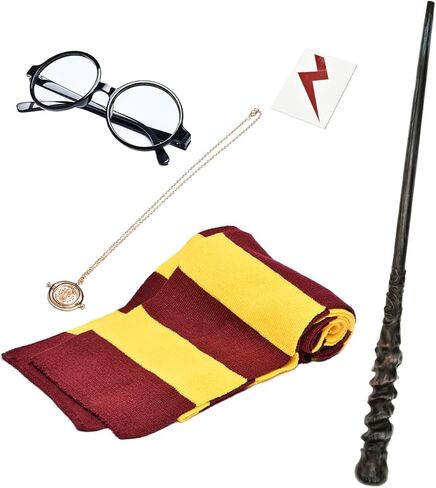 Cosplay Costume Props Accessories Gifts for Harry Birthday Party Magic Wand Eyeglass Frame Knit Scarf Necklace Set-A Plus in Kuwait