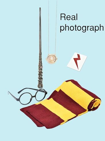 Cosplay Costume Props Accessories Gifts for Harry Birthday Party Magic Wand Eyeglass Frame Knit Scarf Necklace Set-A Plus in Kuwait