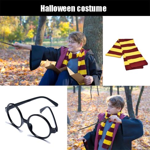 Cosplay Costume Props Accessories Gifts for Harry Birthday Party Magic Wand Eyeglass Frame Knit Scarf Necklace Set-A Plus in Kuwait