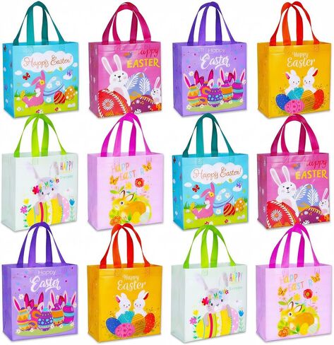 Happy Easter Egg Hunt Bags Bunny Carrot Chick Gift Bags with Handles, Treat Bags, Reusable Non-Woven Easter Bags for Gifts Wrapping, Party Supplies, Easter Basket Container, 9.1×8.7×4.5inch, 6-Piece in Kuwait