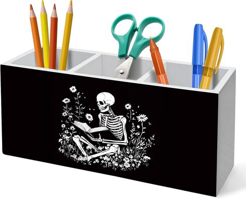 Gothic Skeleton Bookish Pen Holder for Desk Decoration, Witchy Gothic Skull Reading Book Wooden Box Sign Pencil Holder Organizer for Home Office Desk Accessories, Book Lover Gifts in Kuwait