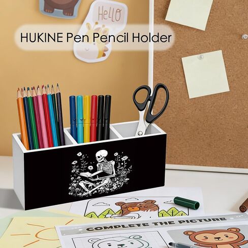 Gothic Skeleton Bookish Pen Holder for Desk Decoration, Witchy Gothic Skull Reading Book Wooden Box Sign Pencil Holder Organizer for Home Office Desk Accessories, Book Lover Gifts in Kuwait