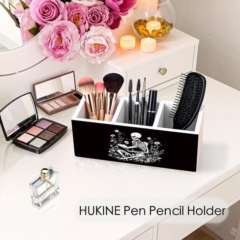 Gothic Skeleton Bookish Pen Holder for Desk Decoration, Witchy Gothic Skull Reading Book Wooden Box Sign Pencil Holder Organizer for Home Office Desk Accessories, Book Lover Gifts in Kuwait