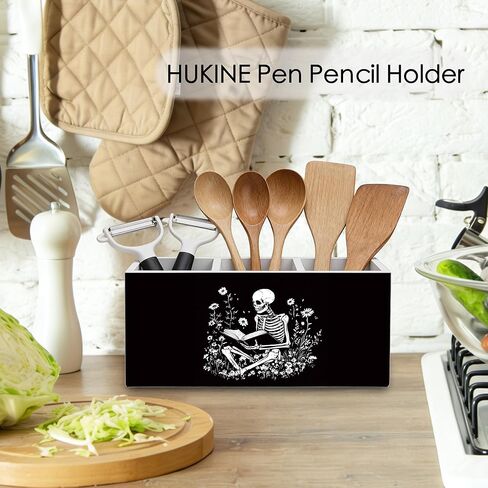 Gothic Skeleton Bookish Pen Holder for Desk Decoration, Witchy Gothic Skull Reading Book Wooden Box Sign Pencil Holder Organizer for Home Office Desk Accessories, Book Lover Gifts in Kuwait