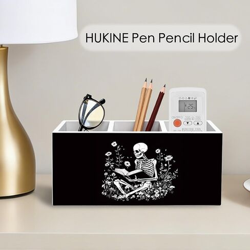 Gothic Skeleton Bookish Pen Holder for Desk Decoration, Witchy Gothic Skull Reading Book Wooden Box Sign Pencil Holder Organizer for Home Office Desk Accessories, Book Lover Gifts in Kuwait