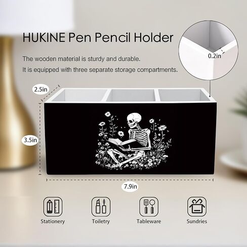 Gothic Skeleton Bookish Pen Holder for Desk Decoration, Witchy Gothic Skull Reading Book Wooden Box Sign Pencil Holder Organizer for Home Office Desk Accessories, Book Lover Gifts in Kuwait