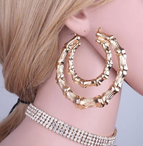 90's Big Bamboo Hoop Earrings for Women Gold Oversized Hoop Earrings Jewelry in Saudi Arabia