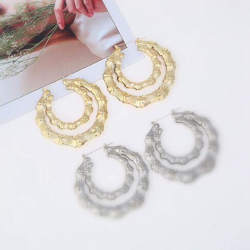 90's Big Bamboo Hoop Earrings for Women Gold Oversized Hoop Earrings Jewelry in Saudi Arabia
