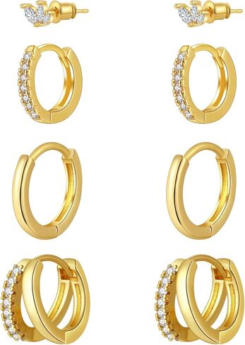 Gold/Silver Hoop Earrings for Women - 14K Plated Stackable Sets for Multiple Piercing, Dainty Cute Huggie Flat Back Stud Jewelry for Gift in Kuwait