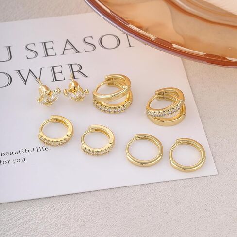 Gold/Silver Hoop Earrings for Women - 14K Plated Stackable Sets for Multiple Piercing, Dainty Cute Huggie Flat Back Stud Jewelry for Gift in Kuwait