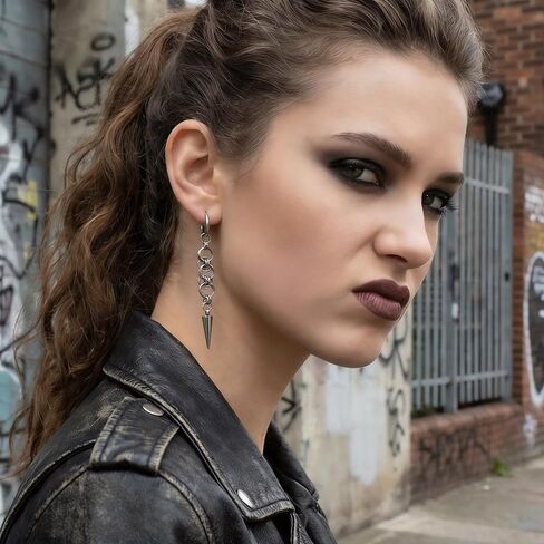 أقراط متدلية على شكل سلسلة بانك قوطية للنساء والرجال، أقراط حلقية مدببة، أقراط حلقية بنمط قاتل الشياطين مع سحر، أقراط فضية اللون على شكل سلسلة مدببة، هدية لعيد الحب، هدية التخرج in Kuwait