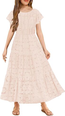 فساتين HOSIKA للفتيات بتصميم عتيق من الدانتيل الزهري وأكمام مكشكشة على شكل حرف A لحفلات الزفاف in Kuwait