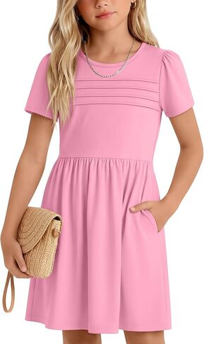 Girls' Short Sleeve Dress A Line Swing Skater Twirl Summer Pleated Front Crewneck Casual with Pockets 5-14 Years in Kuwait