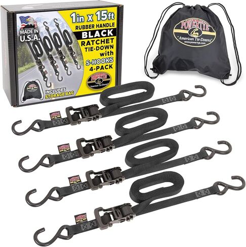 PowerTye 1 inch x 15ft Rubber Handle Silver Ratchet Straps with 4 inch S-Hooks & Storage Bag - 500 lb. W.L.L., Ideal for Motorcycles, Truck Beds, Trailers & Cargo, Made in USA - Black (4-Pack) in Kuwait