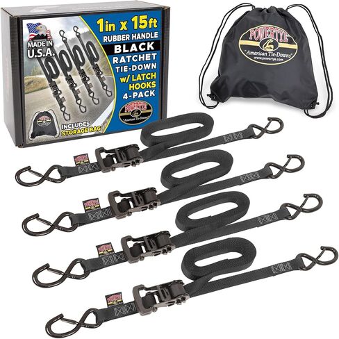 PowerTye 1 inch x 15ft Rubber Handle Silver Ratchet Straps with 4 inch S-Hooks & Storage Bag - 500 lb. W.L.L., Ideal for Motorcycles, Truck Beds, Trailers & Cargo, Made in USA - Black (4-Pack) in Saudi Arabia