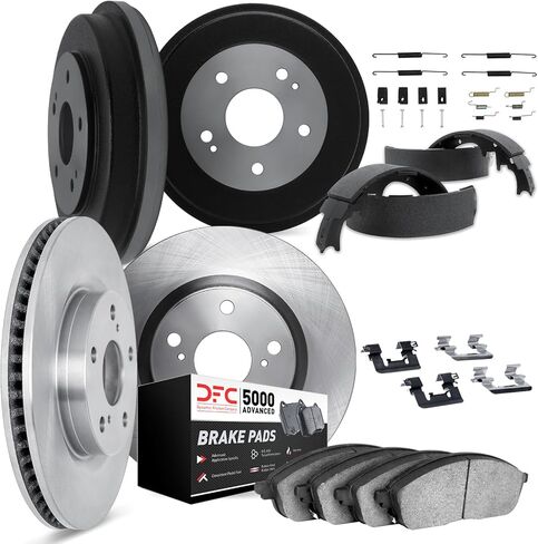 طقم فرامل شركة الاحتكاك الديناميكي لسيارة تويوتا كورولا 2003-2008| طقم دوّارات ووسادات فرامل أمامية وخلفية 5000 متقدمة| الأجهزة، مجموعة الطبول، الأحذية متضمنة in Kuwait