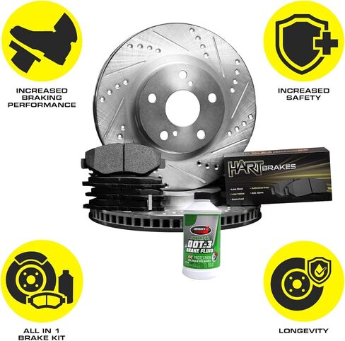 Hart Brakes Front Brake Kit For 2003-2008 Hyundai Tiburon; 2005-2010 Hyundai Sonata, Kia Sportage; 2005-2009 Hyundai Tucson| Drilled and Slotted Brake Rotors| Semi Metallic Brake Pads and Rotors Kit in Kuwait