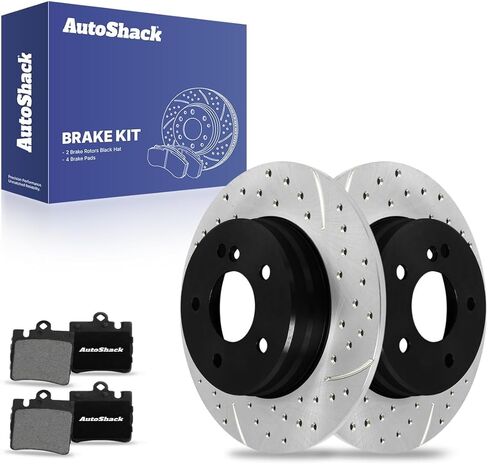 دوارات الفرامل الصلبة المحفورة والمطلية بالكهرباء من AutoShack + وسادات سيراميك 6 قطع بديلة لمجموعة الفرامل 2006-2009 Mercedes-Benz CLK350 2003-2007 Mercedes-Benz C230 ShadowGuard 11.41 بوصة (289.7 مم) in Saudi Arabia