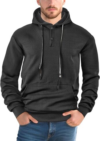 Men’s Long-Sleeve Textured Hoodie, 2-Button Henley Neck Pullover with Drawstring for Daily Wear, Casual Gatherings in Saudi Arabia