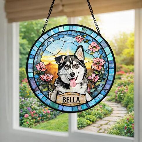 Custom Dog Portrait Stained Glass Suncatcher, Pet Memorial Stained Glass Photo Suncatcher, Staineds Glass Dog Memorial, Loss of Dogs Sympathy Gift Personalized, Pet Loss Gifts Style 3 in Saudi Arabia