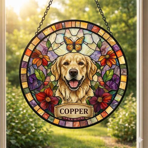 Custom Dog Portrait Stained Glass Suncatcher, Pet Memorial Stained Glass Photo Suncatcher, Staineds Glass Dog Memorial, Loss of Dogs Sympathy Gift Personalized, Pet Loss Gifts Style 3 in Saudi Arabia
