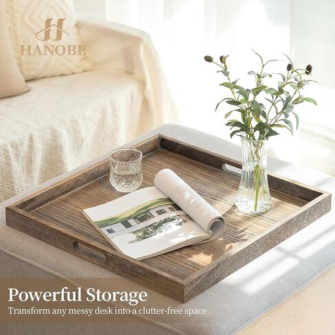 Hanobe Ottoman Tray for Home Decor: 22" Wooden Decorative Trays with Handles for Living Room Rustic Farmhouse Coffee Table Centerpiece Topper Brown in Kuwait