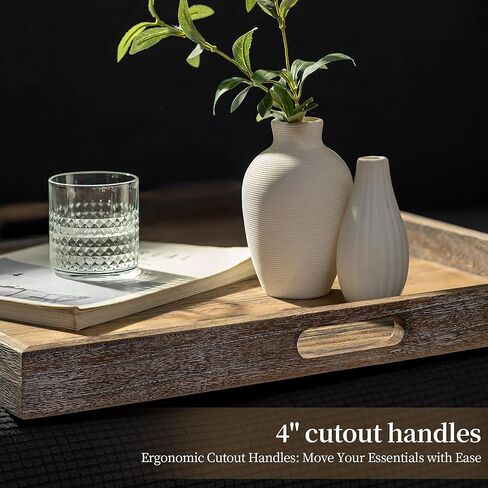 Hanobe Ottoman Tray for Home Decor: 22" Wooden Decorative Trays with Handles for Living Room Rustic Farmhouse Coffee Table Centerpiece Topper Brown in Kuwait