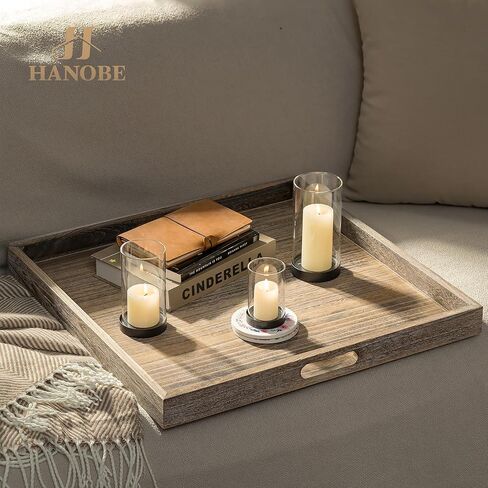 Hanobe Ottoman Tray for Home Decor: 22" Wooden Decorative Trays with Handles for Living Room Rustic Farmhouse Coffee Table Centerpiece Topper Brown in Kuwait