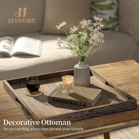 Hanobe Ottoman Tray for Home Decor: 22" Wooden Decorative Trays with Handles for Living Room Rustic Farmhouse Coffee Table Centerpiece Topper Brown in Kuwait