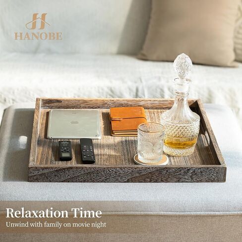 Hanobe Ottoman Tray for Home Decor: 22" Wooden Decorative Trays with Handles for Living Room Rustic Farmhouse Coffee Table Centerpiece Topper Brown in Kuwait