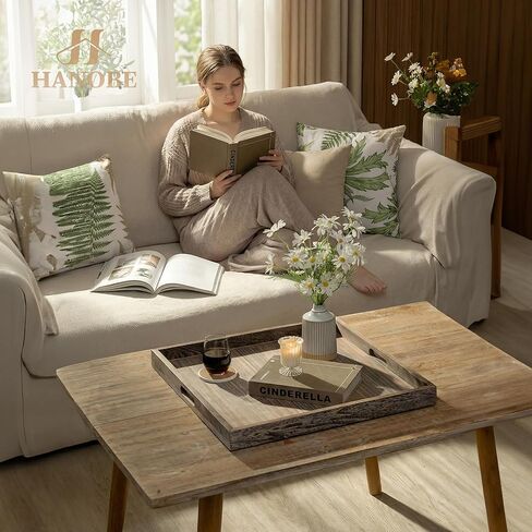 Hanobe Ottoman Tray for Home Decor: 22" Wooden Decorative Trays with Handles for Living Room Rustic Farmhouse Coffee Table Centerpiece Topper Brown in Kuwait