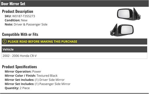 مرآة باب كهربائية - طقم من 2 - أسود مزخرف - متوافق مع سيارة هوندا CR-V 2002-2006 in Kuwait