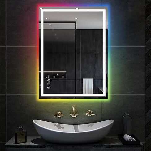Awoco LED Bathroom Mirror, 24" x 32" Vanity Mirror with 8 Colors RGB Backlit and 3 Colors Front Light, Dimmable Anti-Fog Lighted Mirror, Memory Function, Mirror for Bathroom Wall in Kuwait