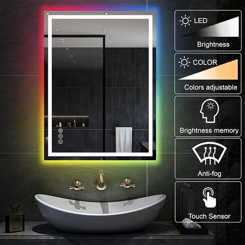 Awoco LED Bathroom Mirror, 24" x 32" Vanity Mirror with 8 Colors RGB Backlit and 3 Colors Front Light, Dimmable Anti-Fog Lighted Mirror, Memory Function, Mirror for Bathroom Wall in Kuwait