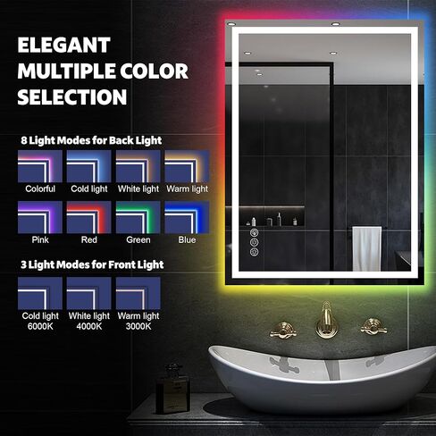 Awoco LED Bathroom Mirror, 24" x 32" Vanity Mirror with 8 Colors RGB Backlit and 3 Colors Front Light, Dimmable Anti-Fog Lighted Mirror, Memory Function, Mirror for Bathroom Wall in Kuwait