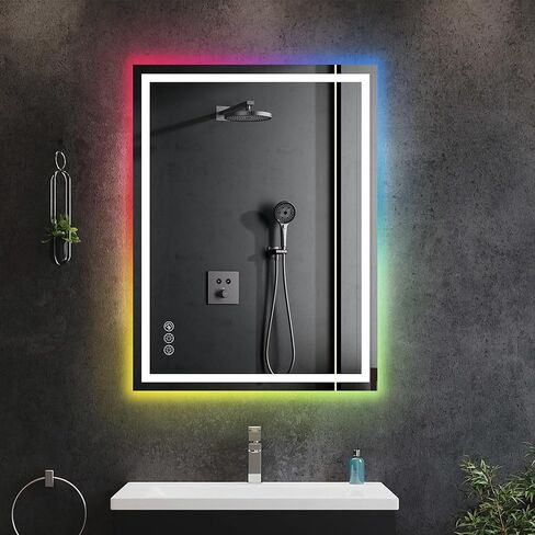 Awoco LED Bathroom Mirror, 24" x 32" Vanity Mirror with 8 Colors RGB Backlit and 3 Colors Front Light, Dimmable Anti-Fog Lighted Mirror, Memory Function, Mirror for Bathroom Wall in Kuwait
