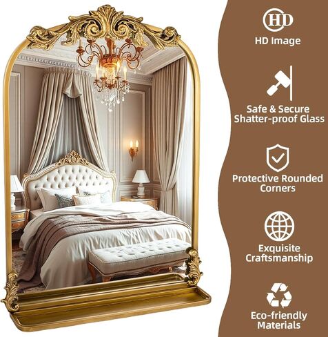 Gold Arched Wall Mirror for Bathroom, with Shelves, 24"x36" Square Craft Designed Metal Frame, Unique Modern Mirror for Over Sink, Bedroom, Living Room, Dresser, Entryway Decor in Kuwait
