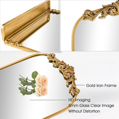 Gold Arched Wall Mirror for Bathroom, with Shelves, 24"x36" Square Craft Designed Metal Frame, Unique Modern Mirror for Over Sink, Bedroom, Living Room, Dresser, Entryway Decor in Kuwait