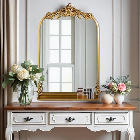 Gold Arched Wall Mirror for Bathroom, with Shelves, 24"x36" Square Craft Designed Metal Frame, Unique Modern Mirror for Over Sink, Bedroom, Living Room, Dresser, Entryway Decor in Kuwait