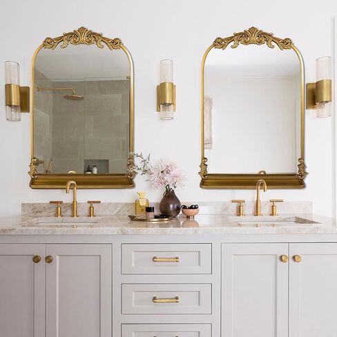 Gold Arched Wall Mirror for Bathroom, with Shelves, 24"x36" Square Craft Designed Metal Frame, Unique Modern Mirror for Over Sink, Bedroom, Living Room, Dresser, Entryway Decor in Kuwait
