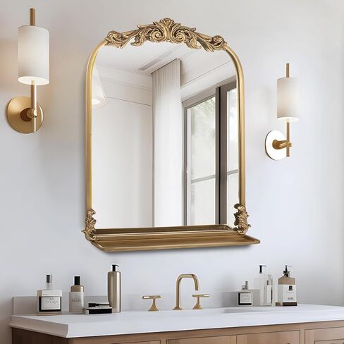 Gold Arched Wall Mirror for Bathroom, with Shelves, 24"x36" Square Craft Designed Metal Frame, Unique Modern Mirror for Over Sink, Bedroom, Living Room, Dresser, Entryway Decor in Kuwait
