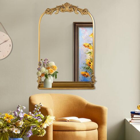 Gold Arched Wall Mirror for Bathroom, with Shelves, 24"x36" Square Craft Designed Metal Frame, Unique Modern Mirror for Over Sink, Bedroom, Living Room, Dresser, Entryway Decor in Kuwait
