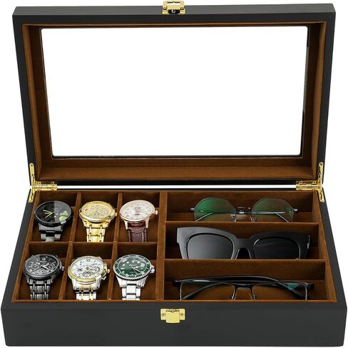 Watch Box,6 Watch 3 Slots Sunglasses Wooden Watch Organizer Box with Real Glass Top,Jewelry Storage Display Case for Men Father Husband Boy Friend in Kuwait