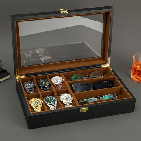 Watch Box,6 Watch 3 Slots Sunglasses Wooden Watch Organizer Box with Real Glass Top,Jewelry Storage Display Case for Men Father Husband Boy Friend in Kuwait