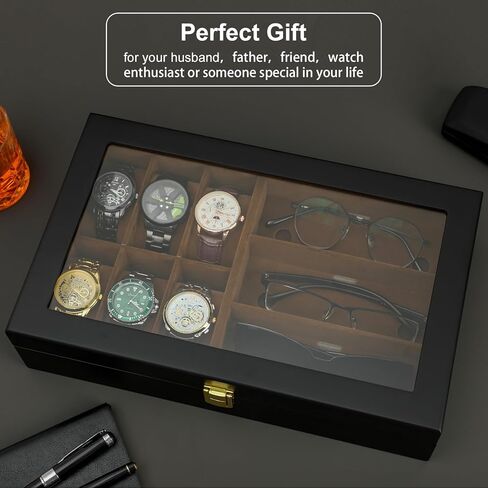 Watch Box,6 Watch 3 Slots Sunglasses Wooden Watch Organizer Box with Real Glass Top,Jewelry Storage Display Case for Men Father Husband Boy Friend in Kuwait