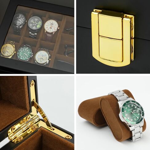 Watch Box,6 Watch 3 Slots Sunglasses Wooden Watch Organizer Box with Real Glass Top,Jewelry Storage Display Case for Men Father Husband Boy Friend in Kuwait