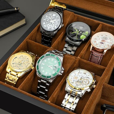 Watch Box,6 Watch 3 Slots Sunglasses Wooden Watch Organizer Box with Real Glass Top,Jewelry Storage Display Case for Men Father Husband Boy Friend in Kuwait